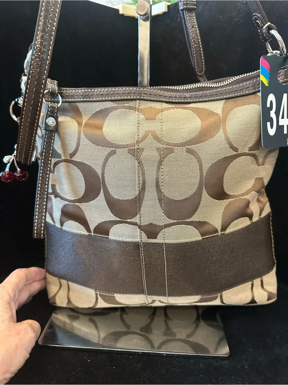 Coach #340 Stripe Brown Signature Canvas and Leather Crossbody